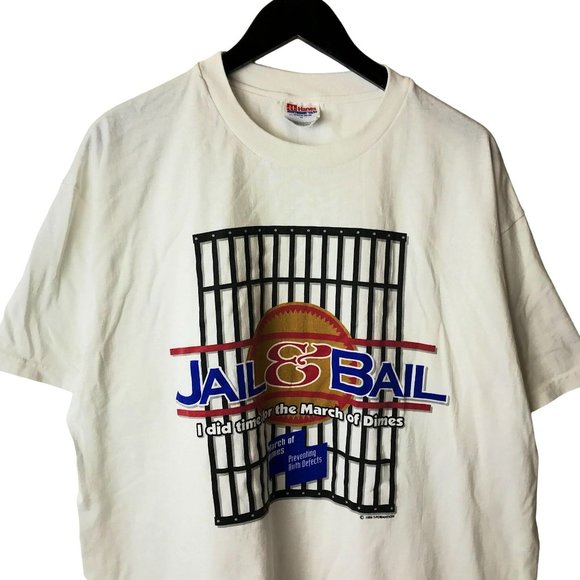 1996 Vintage Jail & Bail March Of Dimes T Shirt 90s White XL Extra Large Solid - Picture 1 of 14